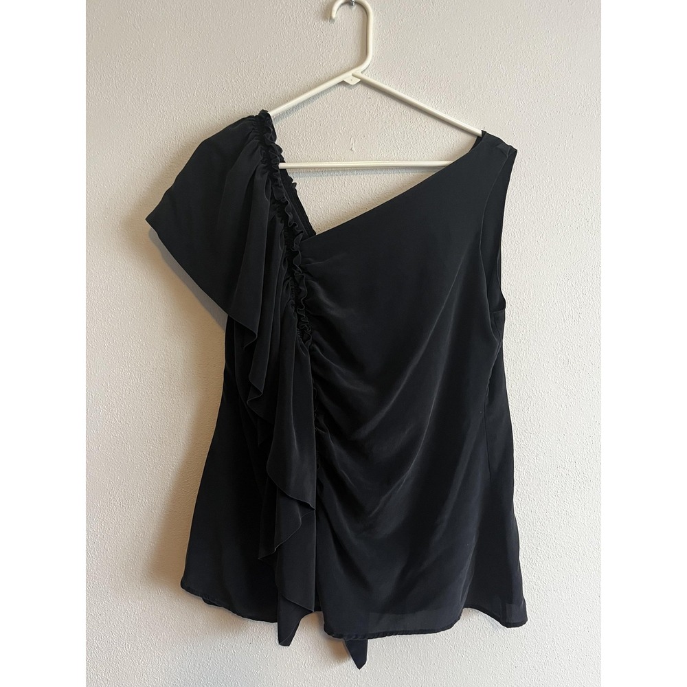 Soft Surroundings Blouse Womens Large Black One Shoulder Silk Ruffle Top Chiffon